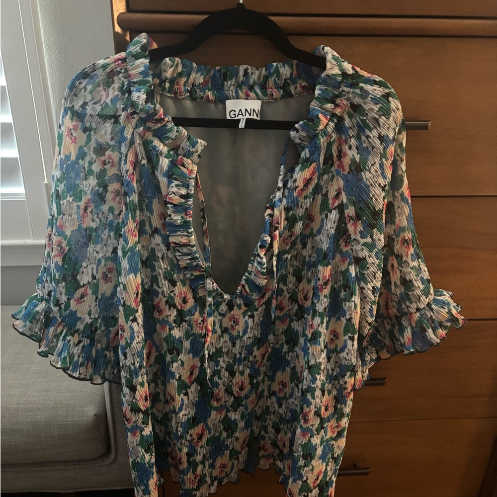 Ganni Blue and Brown Flutter Sleeve Blouse